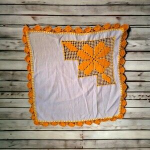 Vintage White Square With Yellow CrochetBorder & Yellow Crochet Flower 15 x 15